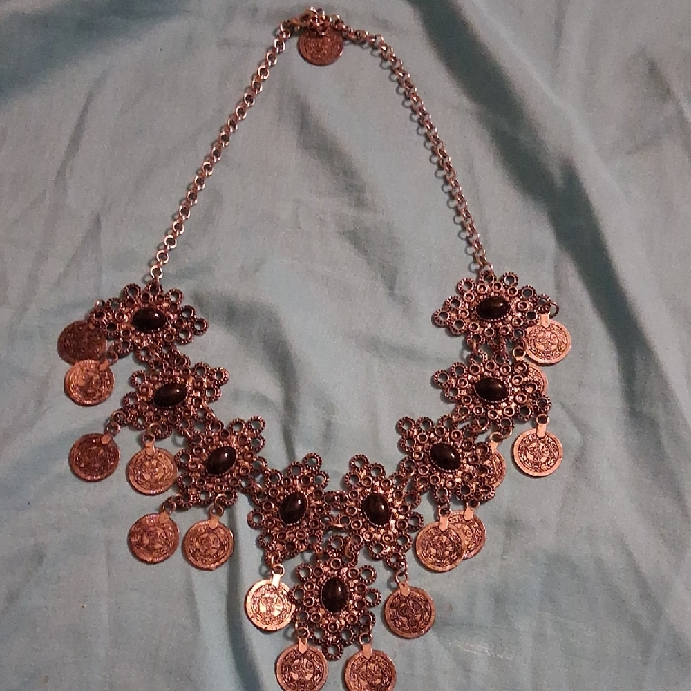 Boho Statement Coin Necklace in Antique Silver